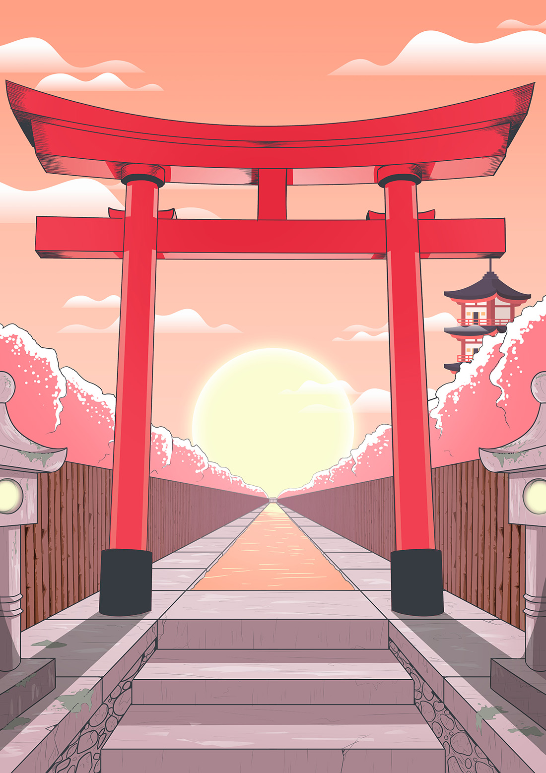 Torii sous un coucher de soleil au Japon