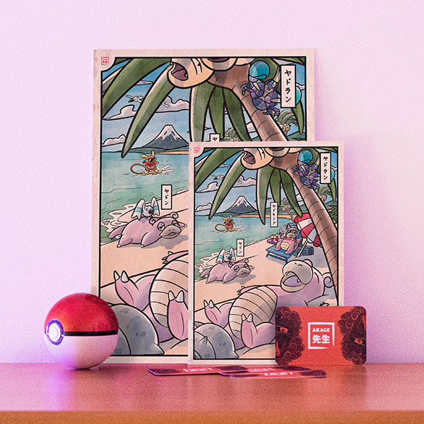 Acheter illustration estampe japonaise Pokémon Flagadoss Ramoloss Roigada plage Alola