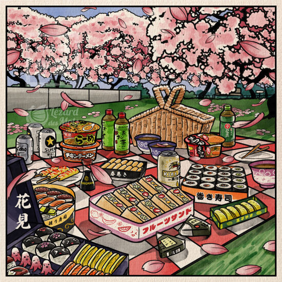 Shiki livre coloriage Akage Sensei Haru hanami 花見 cerisiers fleurs bento pique nique sushi