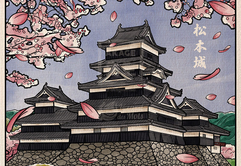 Shiki livre coloriage Akage Sensei Haru Matsumoto château 松本城 cerisiers fleurs