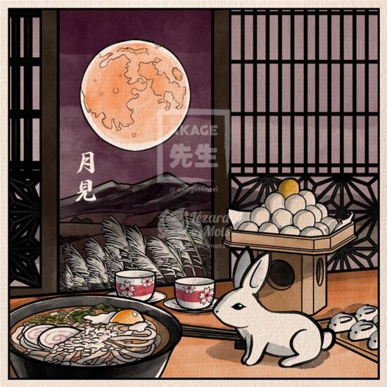Shiki livre coloriage Japon Akage Sensei Aki automne tsukimi lune lapin nuit mochi udon