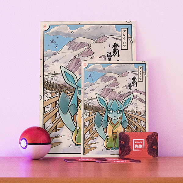 Acheter illustration estampe japonaise Pokémon Givrali évolition kimono glace neige hokkaido noboribetsu onsen