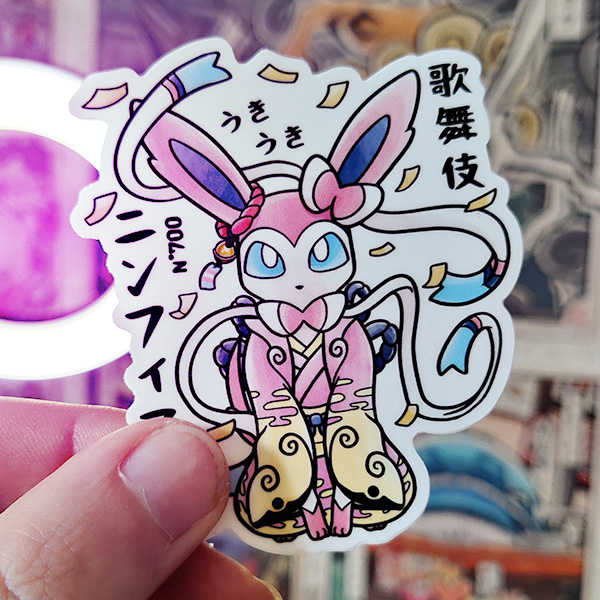 Acheter sticker autocollant estampe japonaise Pokémon Nymphali Akage Sensei évolition fée transgenre trans kabuki kimono