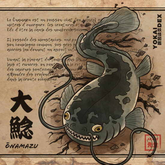 Livre yokaidex esprit yokai légendaire onamazu namazu poisson chat séisme tremblement terre japon silure