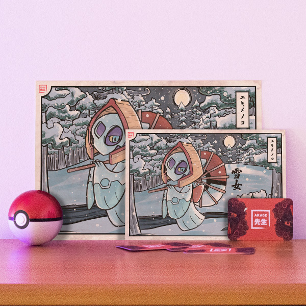 Acheter illustration estampe japonaise Pokémon Momartik yuki onna neige fantôme ombrelle