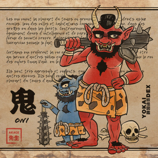 Livre yokaidex esprit yokai démon oni ogre massue gourdin rouge bleu cornes pagne