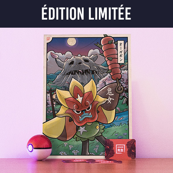 Acheter illustration estampe japonaise Pokémon Ogerpon édition limitée Masque Fourneau feu oni septentria kitakami turquoise