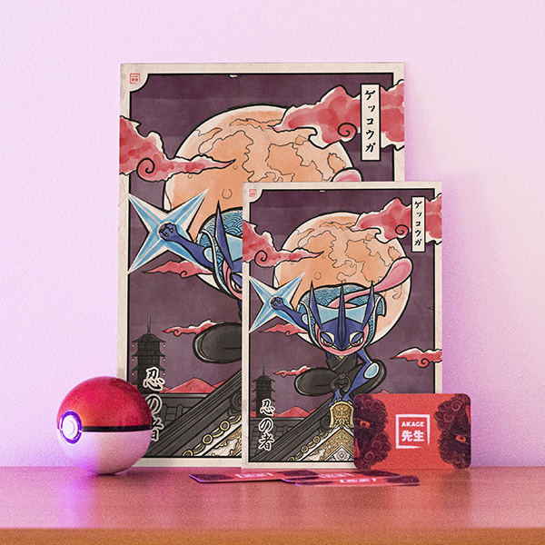 Acheter illustration estampe japonaise Pokémon Amphinobi ninja shinobi lune nuit sheauriken