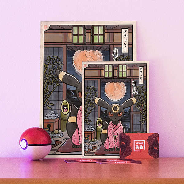 Acheter illustration estampe japonaise Pokémon Noctali lapin lune nuit kimono kaguya