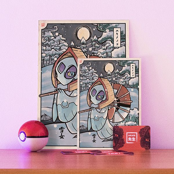 Acheter illustration estampe japonaise Pokémon Momartik diamant perle sinnoh neige yuki onna ombrelle fantôme