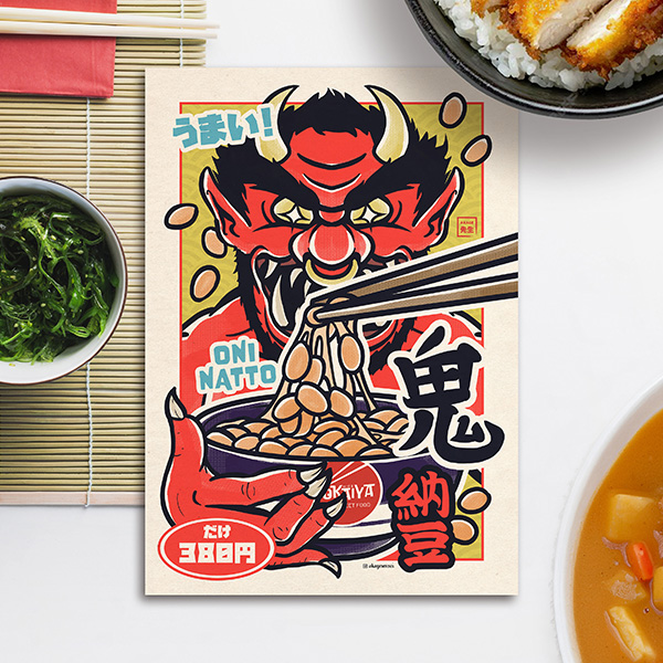 Acheter illustration Yokaiya Oni natto le restaurant izakaya japonais yokai démon ogre rouge soja haricot fermenté