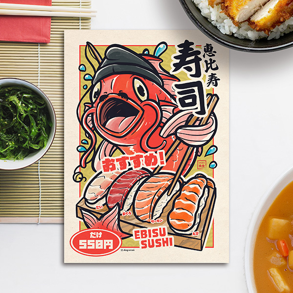 Acheter illustration Ebisu Sushi Yokaiya le restaurant izakaya japonais yokai poisson pêche sushi nigirizushi nigiri carpe daurade sakana