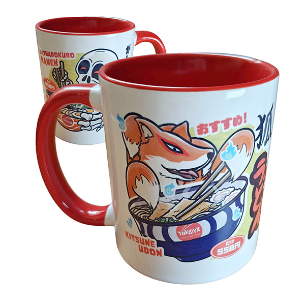 Mug tasse yokai pour le café et le thé, avec un Kitsune et ses udon d'une face, et un Gashadokuro et son bol de ramen