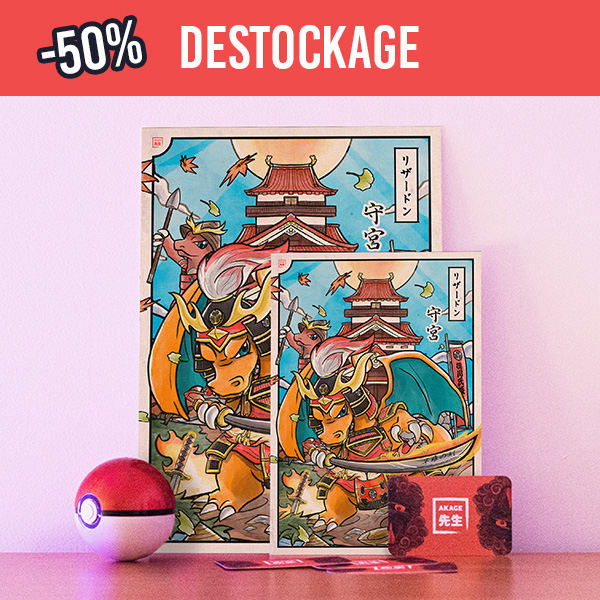 Acheter illustration estampe japonaise Pokémon Dracaufeu Reptincel Salamèche samouraï soldat château japon imori